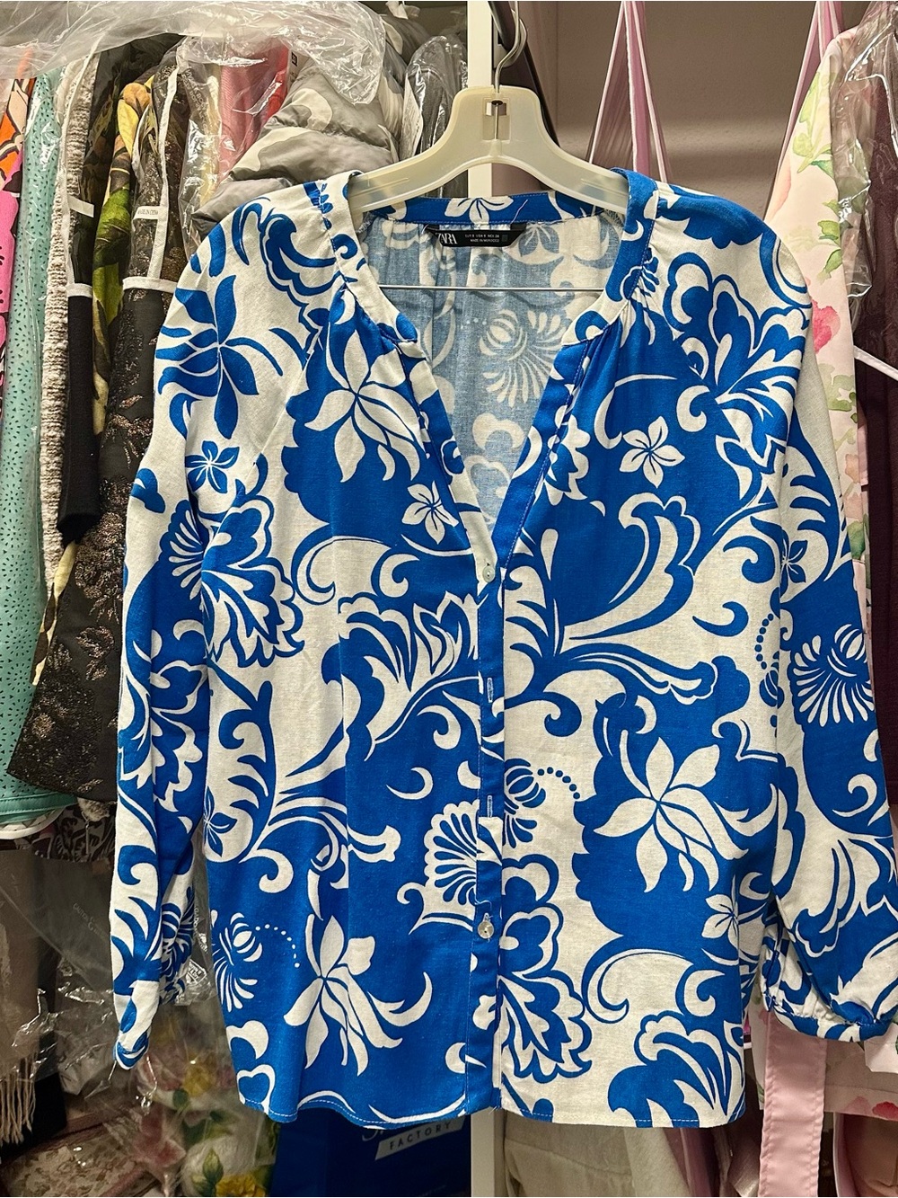 Zara Blue and White Floral linen Button-Down Shirt with matching slacks